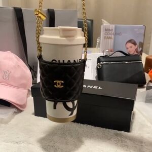 Chanel Black Quilted Mini Cup Holder & Cup with Gold Chain GWP